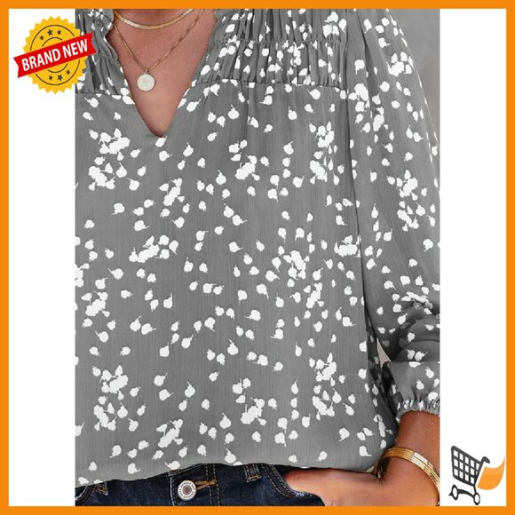 Long Sleeve Chiffon Blouse V Neck Smocked Back Bohemian Top - Picture 5 of 8